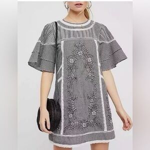 Free People Gingham Embroidered Mini Dress | Crochet Trim | Boho (Black)